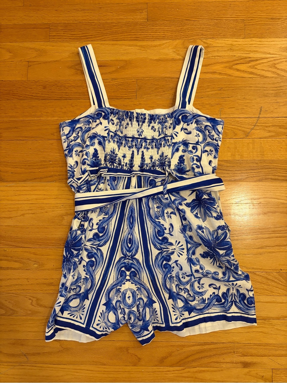 FARM Rio Blue & White Floral Strap Romper with Waist Tie - Picture 2 of 3
